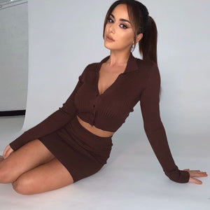 Sexy Two Piece Set 2020 Autumn Knitted Button Long Sleeve Crop Top+Mini Bodycon Skirts Set