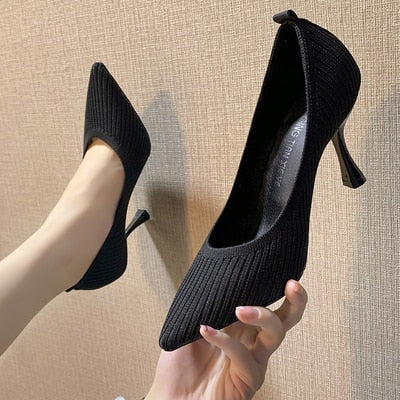 Fashion Black High Heels 2021 New Shallow Mouth Women&#39;s Shoes Professional Work Shoes Pointed Toe Stiletto Knitted Single Shoes