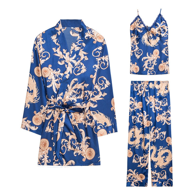 Women Silk Sexy Summer Lingerie Pijiama Satin Dragon Long Sleeve Pajamas Gown Korean Three Piece Pajama Sets Navy Sleepwear