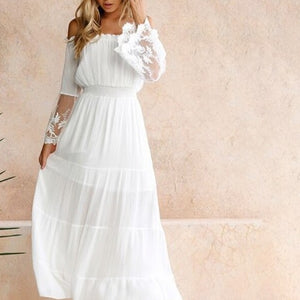 Sexy Off Shoulder Lace Boho Women Maxi Dress Women White Beach Dress Strapless Long Sleeve Loose Dress 2021 New