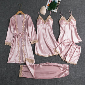5 PCS Sexy Lace Women Nightwear Robe Dresses Summer Pajamas Sets Homewear Stain Silky Sleep Suit Bath Robes Night Gowns