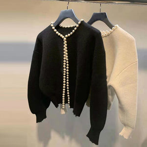 V Neck Pearl Bat Sleeve Knitted Sweater
