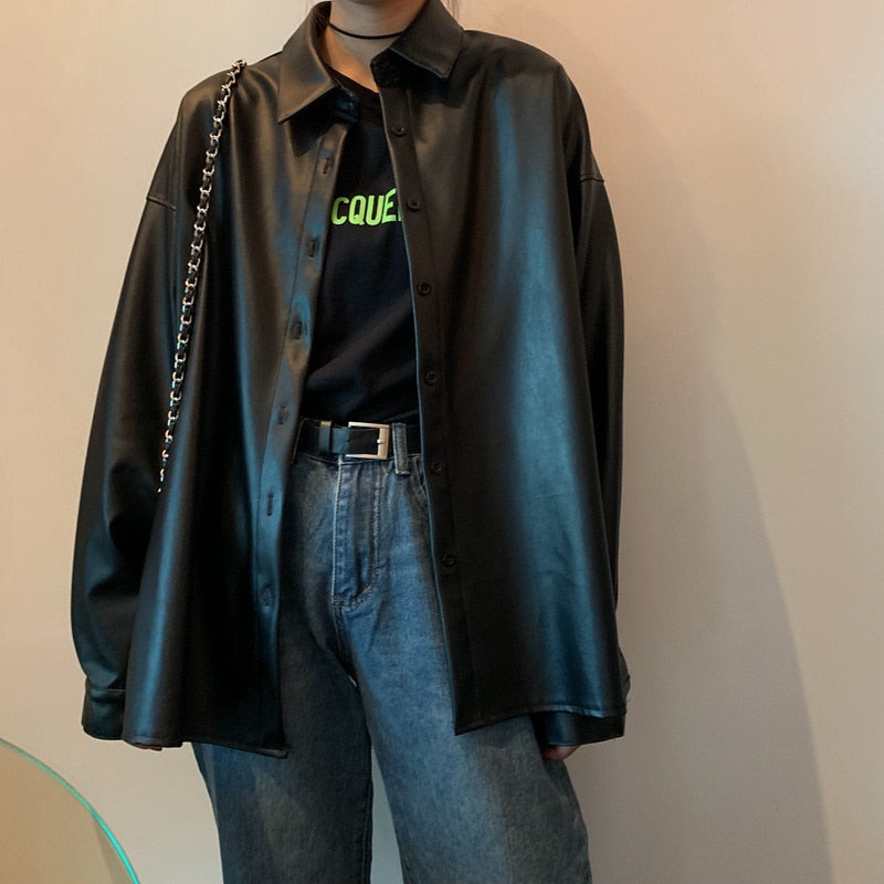 New Women oversized PU leather blouses 2021 Spring Autumn Black Faux Leather Basic Coat Turn-down Collar Motor Biker Jacket