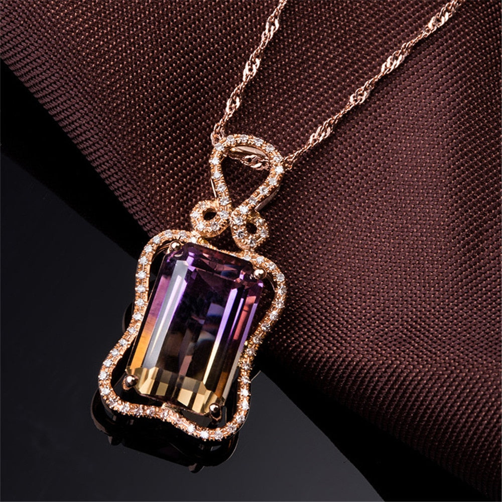 18k Rose Gold tone Large Big Gemstone Crystal Pendant Necklace