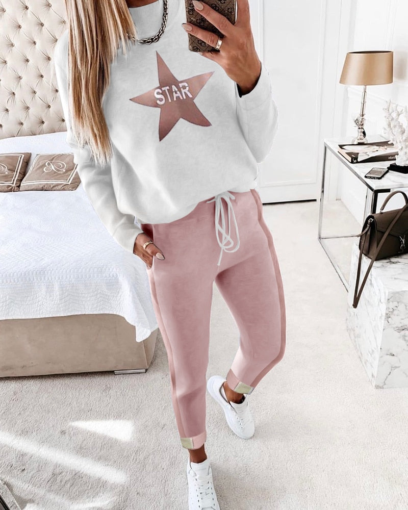 Cute Star Print Long Sleeve Top Classic Loungewear Sweatpants