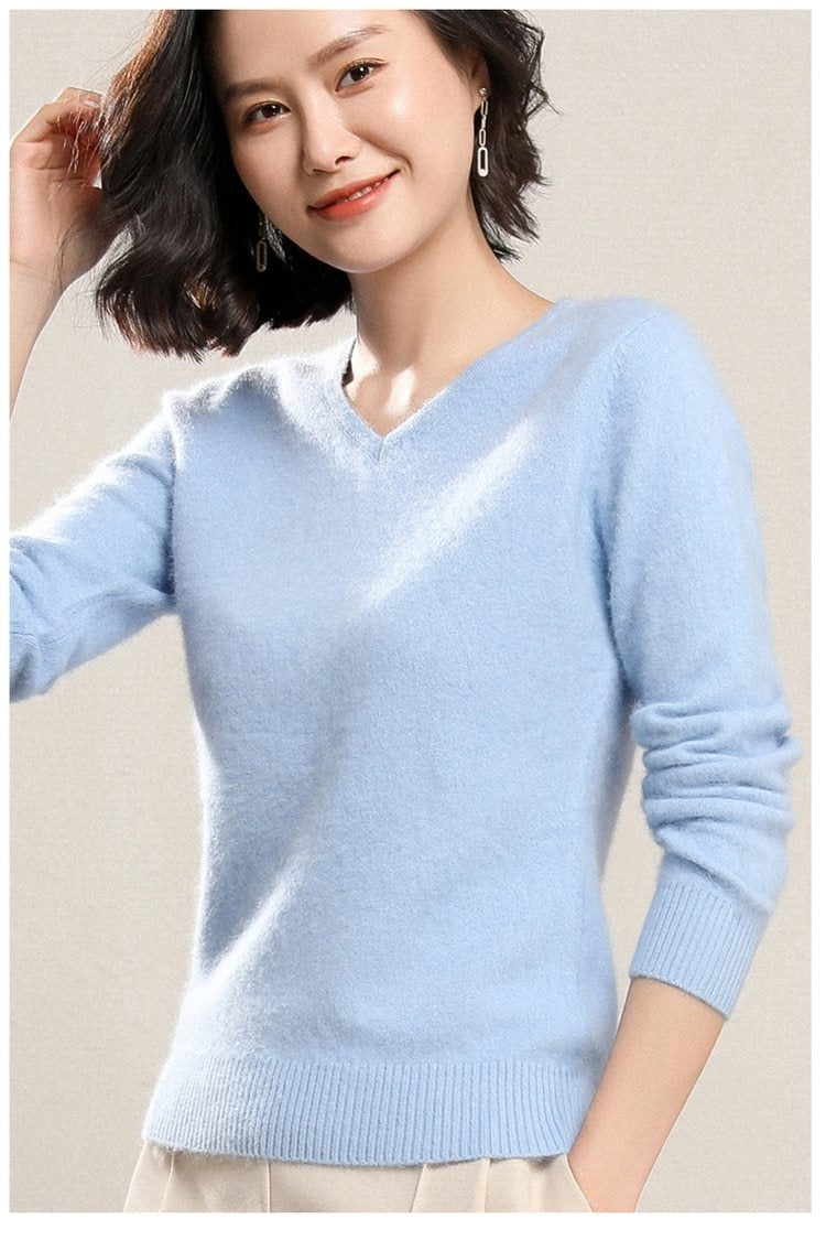 V-neck Mink Soft Warm Knitted Basic Sweater