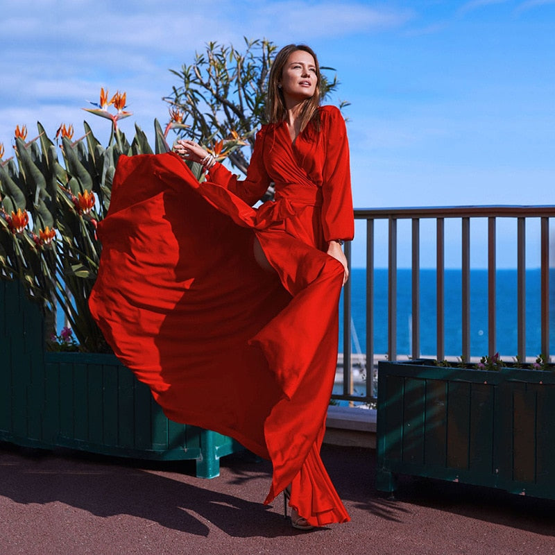 Red Green yellow chic hippie dress Casual long sleeve high waist slit maxi dress with sashes 2021 boho summer clothes for women Green / XL