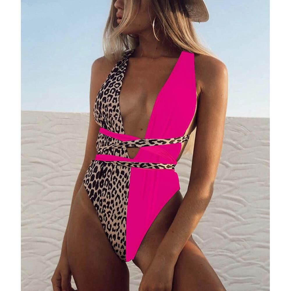 High Waist Swimwear Patchwork Sahes One Piece Swimsuit Monokini Bathing Suit Female Sexy V-neck Onesie Beachwear