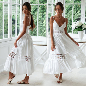 2021 Sexy Hollow Out Lace Spaghetti Strap White Summer Beach Dress Robe Elegant Women Beachwear Maxi Dress Vestidos N1037