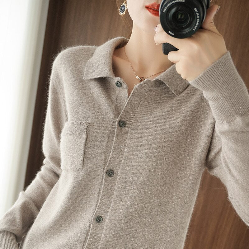 Pure Wool Knitted POLO Collar Cardigan