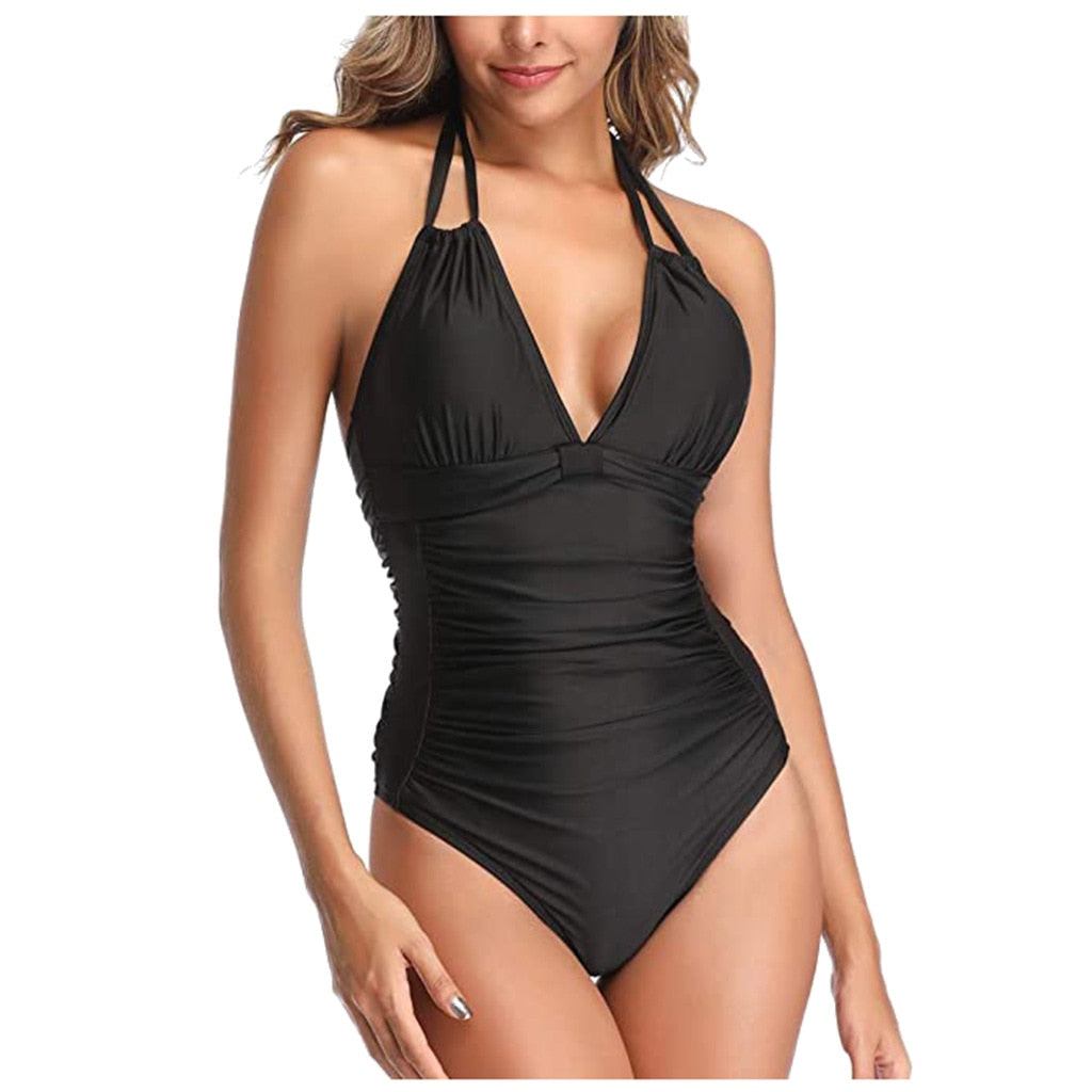 Tummy Control Swimwear Black Halter One Piece Swimsuit Ruched Padded Bathing Suits Slimming V Neck Bikini