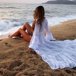Sexy Bikini Cover-ups Long White Multi-layer ruffle sleeves Summer Beach Dress Elegant Women Beach Wear Swim Suit Cover Up D5