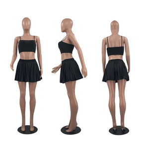 Summer Sports Pleated Skirt Sling Pure Color Tennis Suit Dress Set Sexy Vest Crop Top + A-line Mini Skirts Slim Two Piece Set