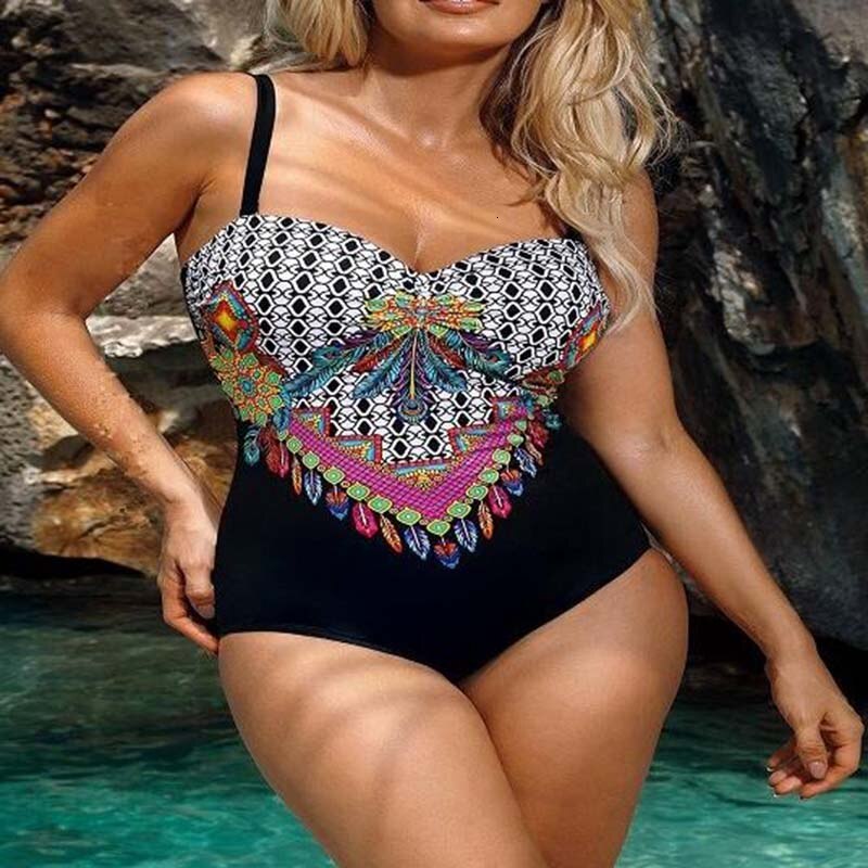 Sexy Striped Floral One Piece Large Swimsuits Closed Push Up Female Plus Size Swimwear Bathing Suit Women