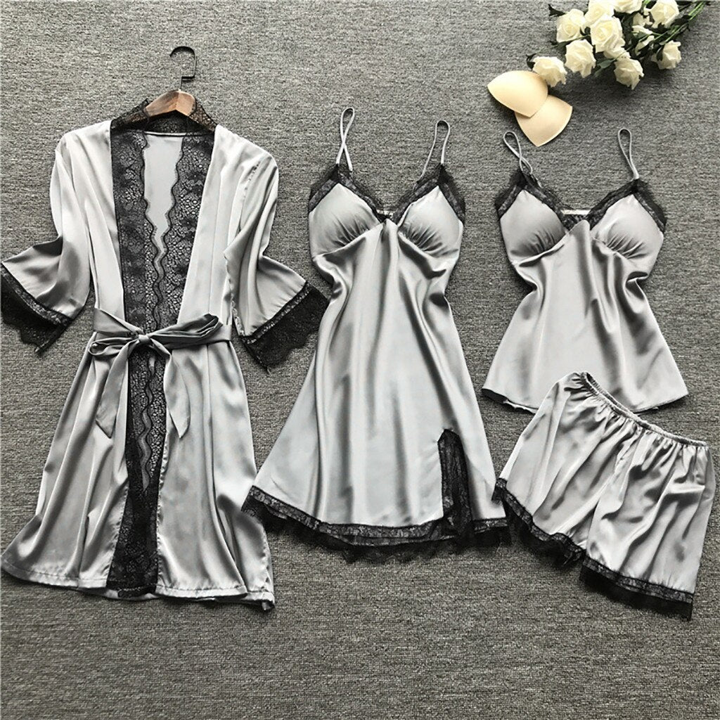 robe ensembles Women Pajamas Silk Lace Bathrobe Set Nightie Nightdress Pajamas Women Lingerie Sleepwear Babydoll robe de nuit