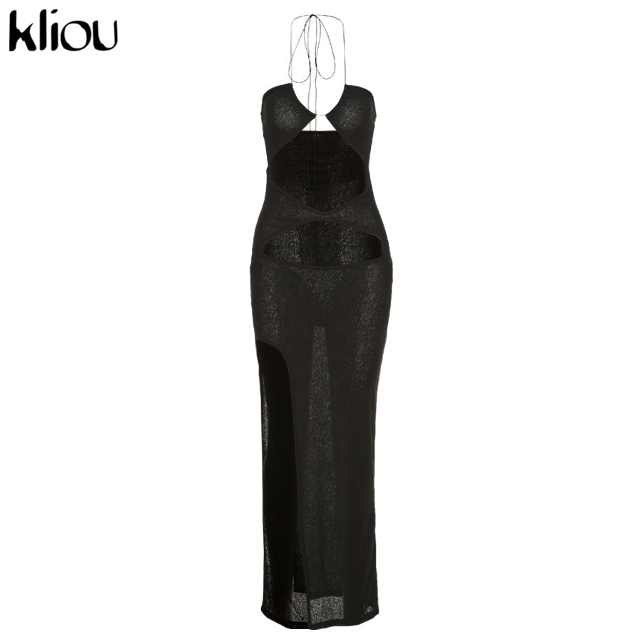 Kliou Ribbed Lace up Maxi Dress Women Sexy Solid Sleeveless Backless  BodyShaping Cut Out Skirt Party Clubwear Female Vestidos 220608