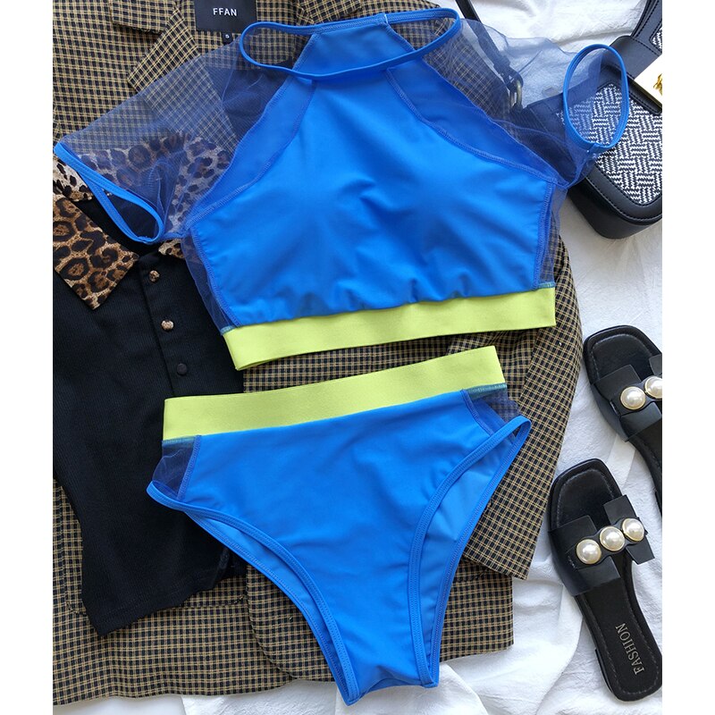 High waist bikini Patchwork swimwear female Short sleeves 2 pieces set