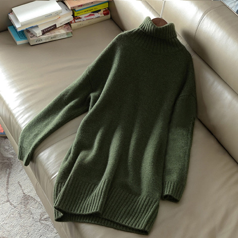 Turtleneck Knitted Wool Long Loose Thick Warm Sweater