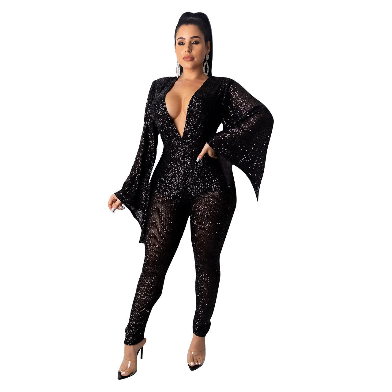 VAZN Hot Sale Sexy O-neck  Sequins Glitter Office Lady Women Sleeveless Banquet Party Beach Jumpsuits Full Pant Bandage Rompers