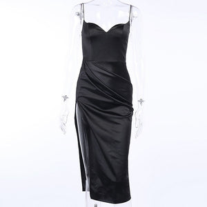 BKLD Sexy V-neck High Split Bodycon Dress Fashion Black Satin Elegant Women Blackless Sleeveless Long Summer Evening Party Dress