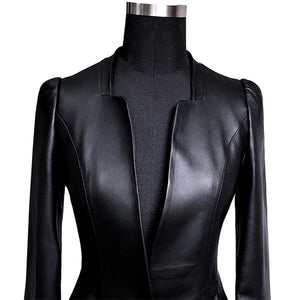 Lautaro Autumn Black Slim Soft Pu Leather Jacket Women Deep V Neck Long Puff Sleeve Elegant Luxury Skirted Blazer Fashion 2021