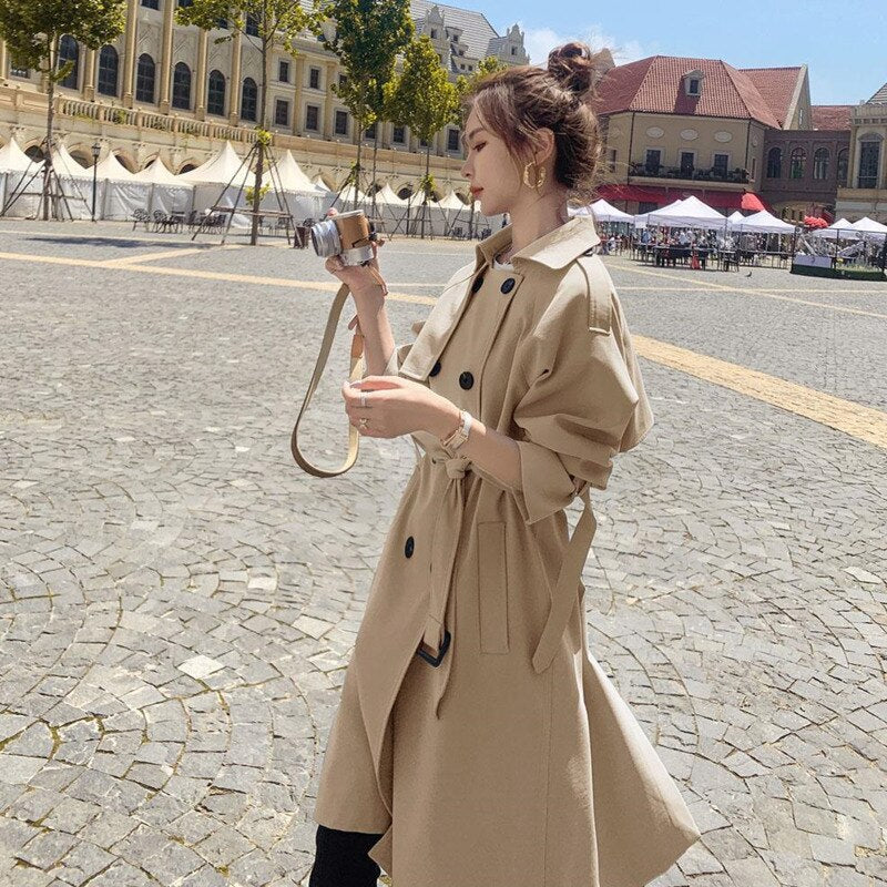 2021 Fashion Women Trench Coat Beige Blue Long Double-Breasted With Belt Spring Autumn Lady Coat Female Korean Loose Outerwear