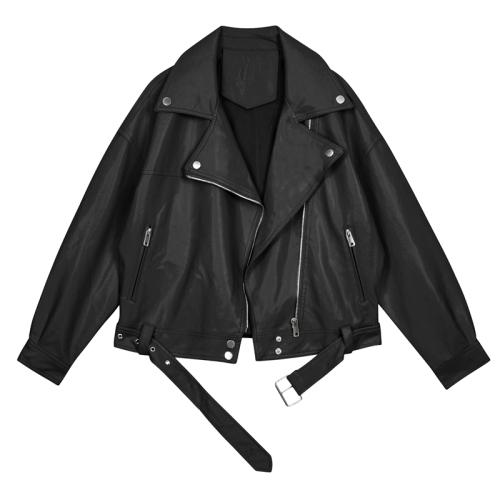 FTLZZ 2022 New Spring Women Pu Leather Motorcycle Jacket Female With Belt Solid Color Jackets Ladys Loose Casual Jacket