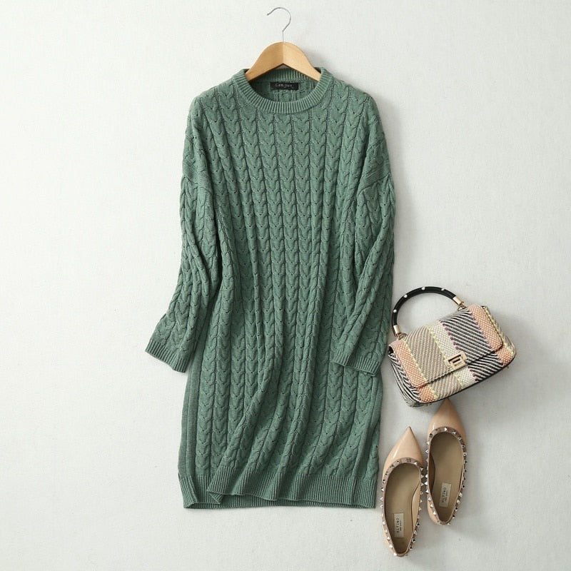 Crew Neck Long Loose Pullover Cable Knit Sweater