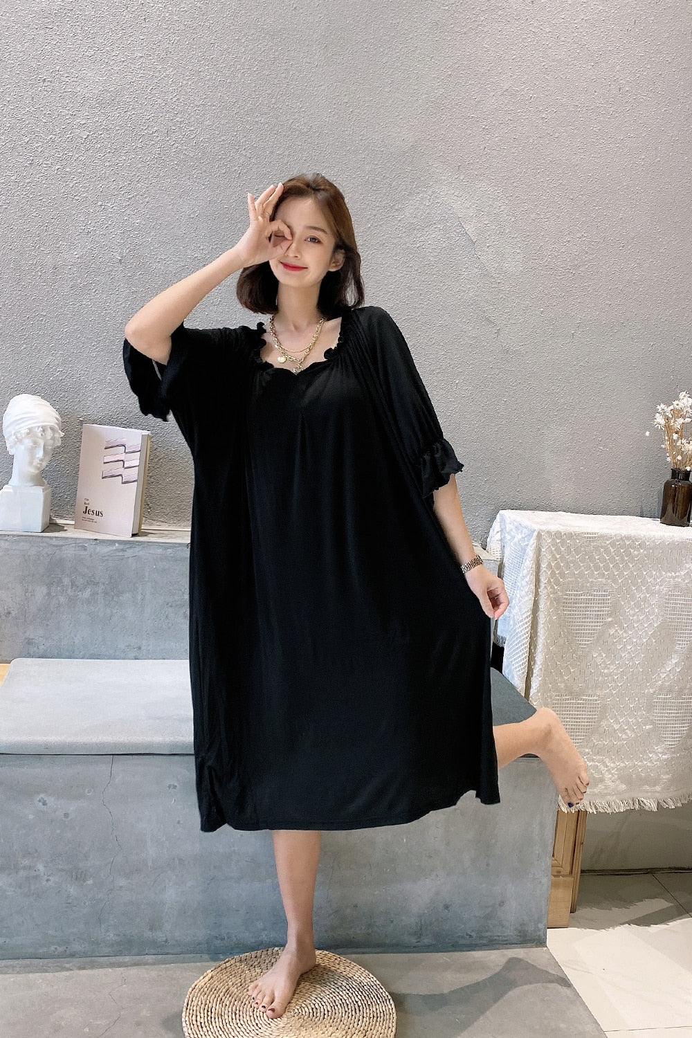 Plus size night shirt women nightgown modal loose nightdress women's nightwear dress v-neck casual home clothes outside wear Plu