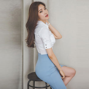new arrival fashion korean style set for women summer office lady elegant simple blue pencil skirt and white shirt two piece set