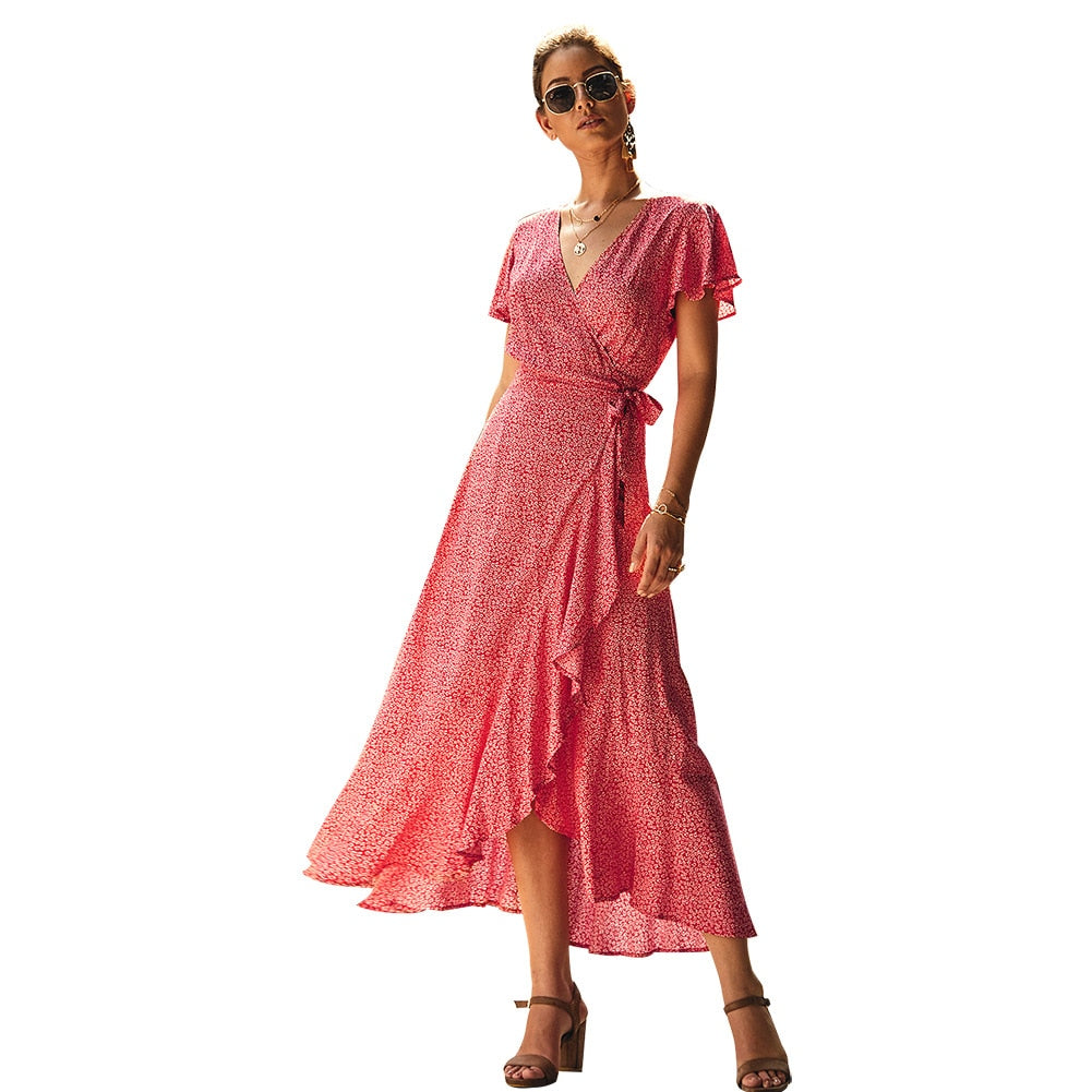 Floral Print Dress Women Short Sleeve Vestido Summer Lace Up Split Sexy Long Dress Leisure Vacation Bohemian Dress Party Clothes Black / L Floral Print Dress Women Short Sleeve Vestido Summer Lace Up Split Sexy Long Dress Leisure Vacation Bohemian Dress Party Clothes Black / L