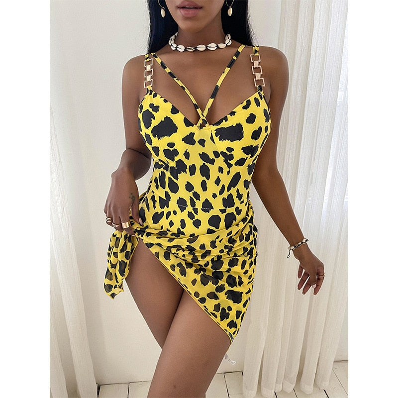 Leopard Print Bikini Swimwear Push Up Chain Strap Cross Beach Wear