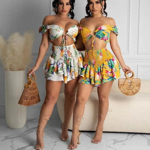 ANJAMANOR Floral Print Chiffon Two Piece Set Women Ruffle Mini Skirts with Crop Top Sexy Vacation Outfits Summer 2021 D72-CH20