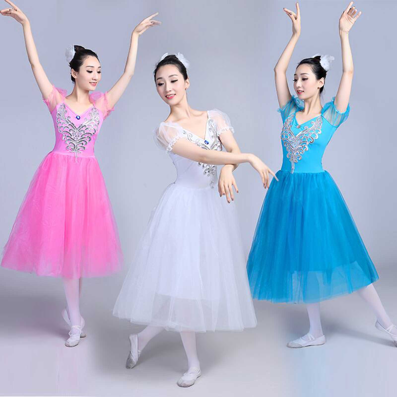 Women Long Tulle Pink/Blue/White Tutu Ballet Dress Adult Puff Sleeves Romantic Stage Performance Ballroom Party Dance Costume Pink / XL Women Long Tulle Pink/Blue/White Tutu Ballet Dress Adult Puff Sleeves Romantic Stage Performance Ballroom Party Dance Costume Pink / XL