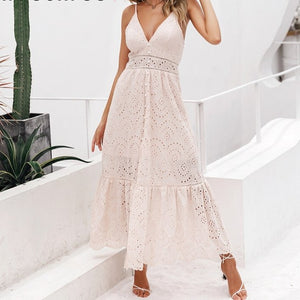 Sexy v neck cotton summer white dress women Elegant embroidery strap long dress Casual high waist button dress female
