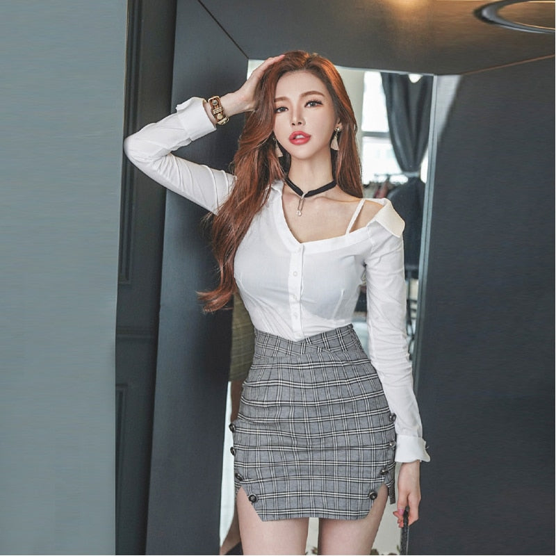 new arrival fashion set women spring OL temperament casual sexy off-shoulder white shirt and plaid mini skirt two piece set