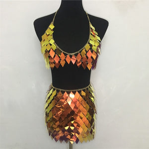 Rhombic Sequins Lady Outfits Halter V-Neck Backless Camis Sexy Hollow Out Mini Skirt Summer Fashion Rave Festival Body Chain Set