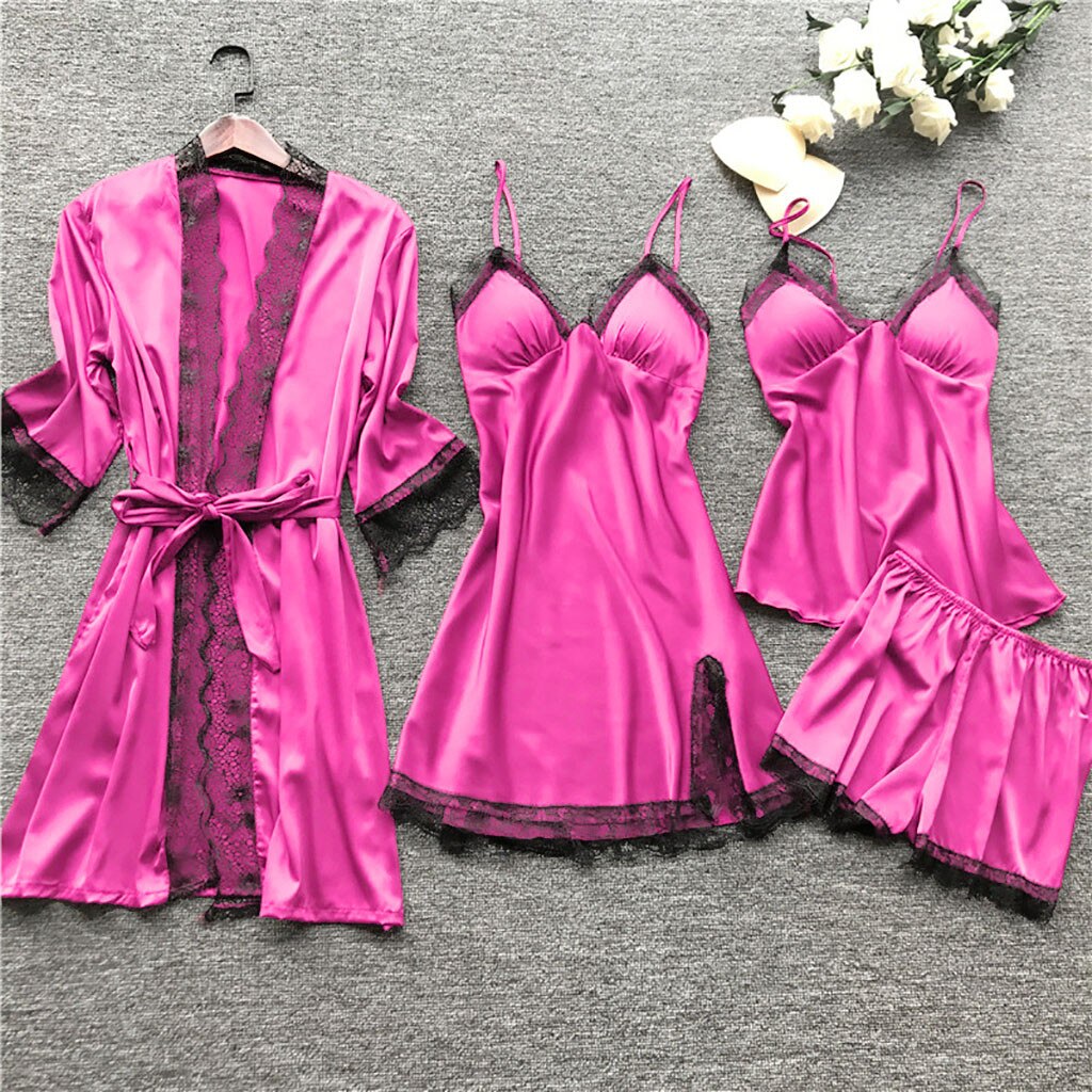 robe ensembles Women Pajamas Silk Lace Bathrobe Set Nightie Nightdress Pajamas Women Lingerie Sleepwear Babydoll robe de nuit