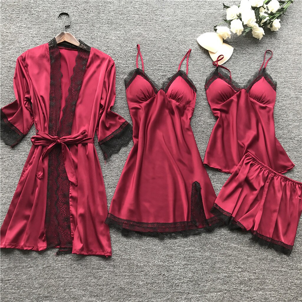 robe ensembles Women Pajamas Silk Lace Bathrobe Set Nightie Nightdress Pajamas Women Lingerie Sleepwear Babydoll robe de nuit