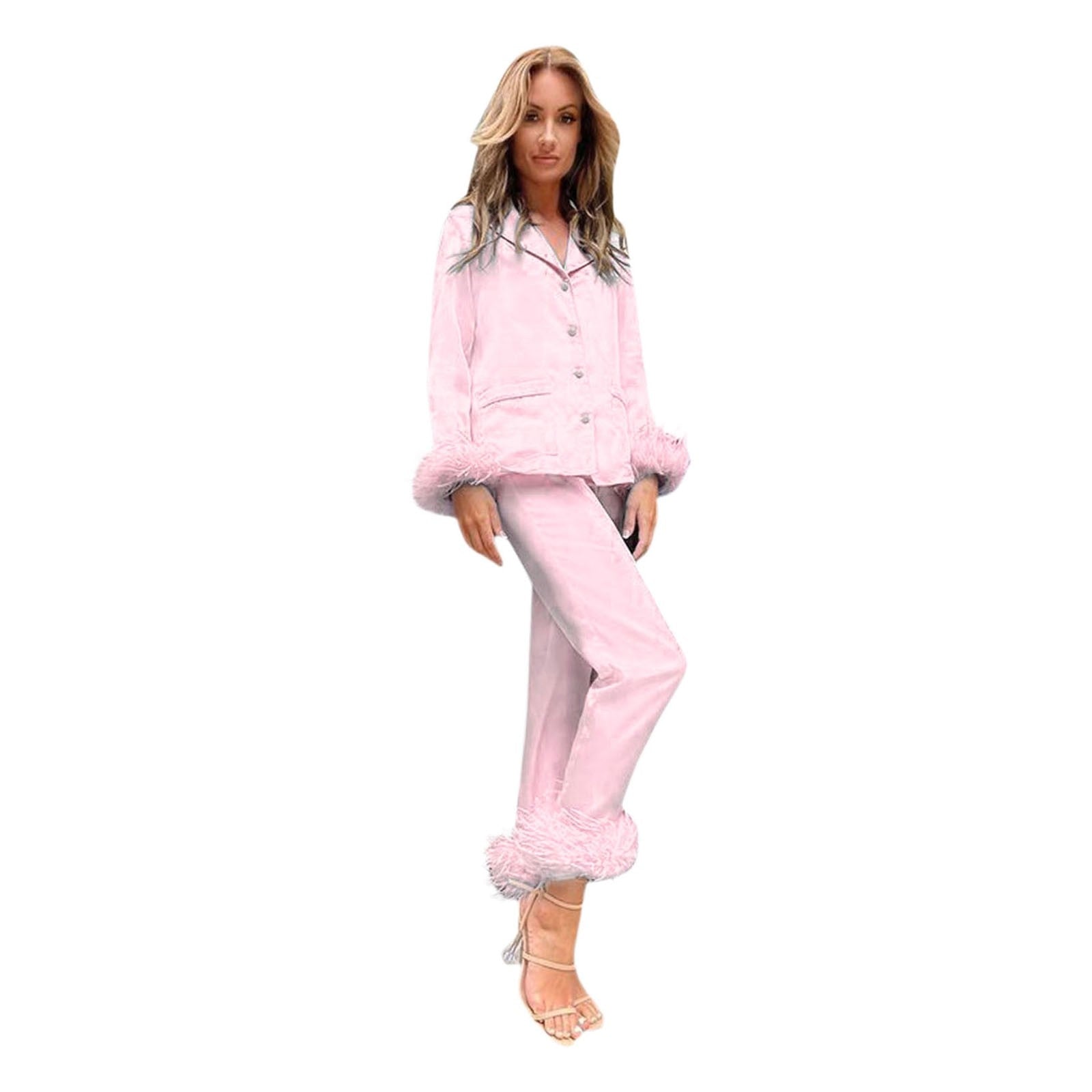 Trendy Women Pajamas Set Autumn Casual Lapel Tops + Feather Pants Suits Sexy Lingerie Nightwear Pyjamas Pjs Suit 2Pcs/Set