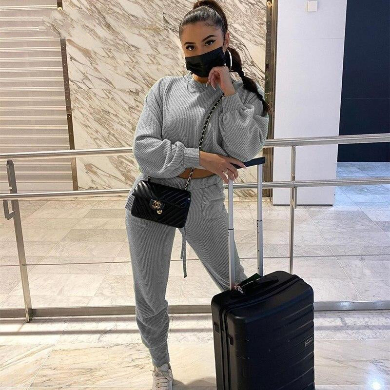 Ribbed Knitted Long Sleeve Crop Top Women Tracksuit