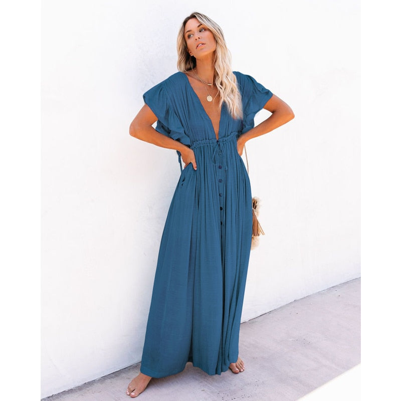 Summer Beach Maxi Dress Women Pleated Drawstring High Waist Long Dress Global Fashions GC Summer Beach Maxi Dress Women Pleated Drawstring High Waist Long Dress Global Fashions GC
