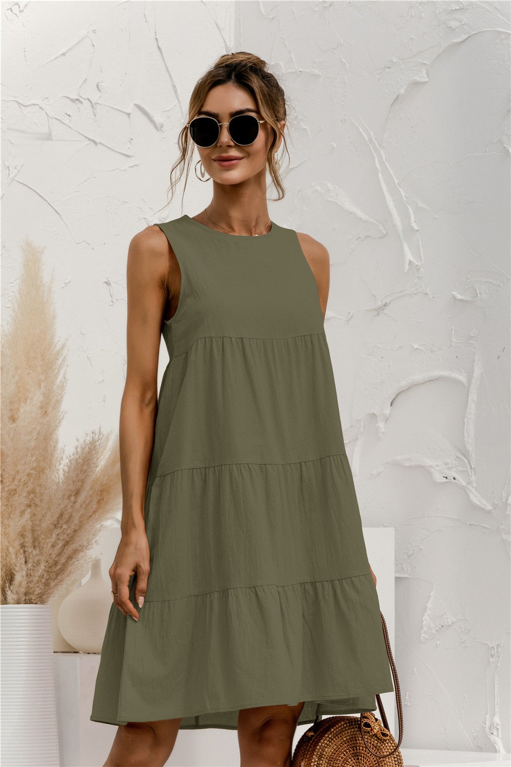 2021 Summer Women Vest Dress Cotton O-Neck Sleeveless Solid Midi Dress Stitching Large Swing Casual Loose Dress Vestido Sundress