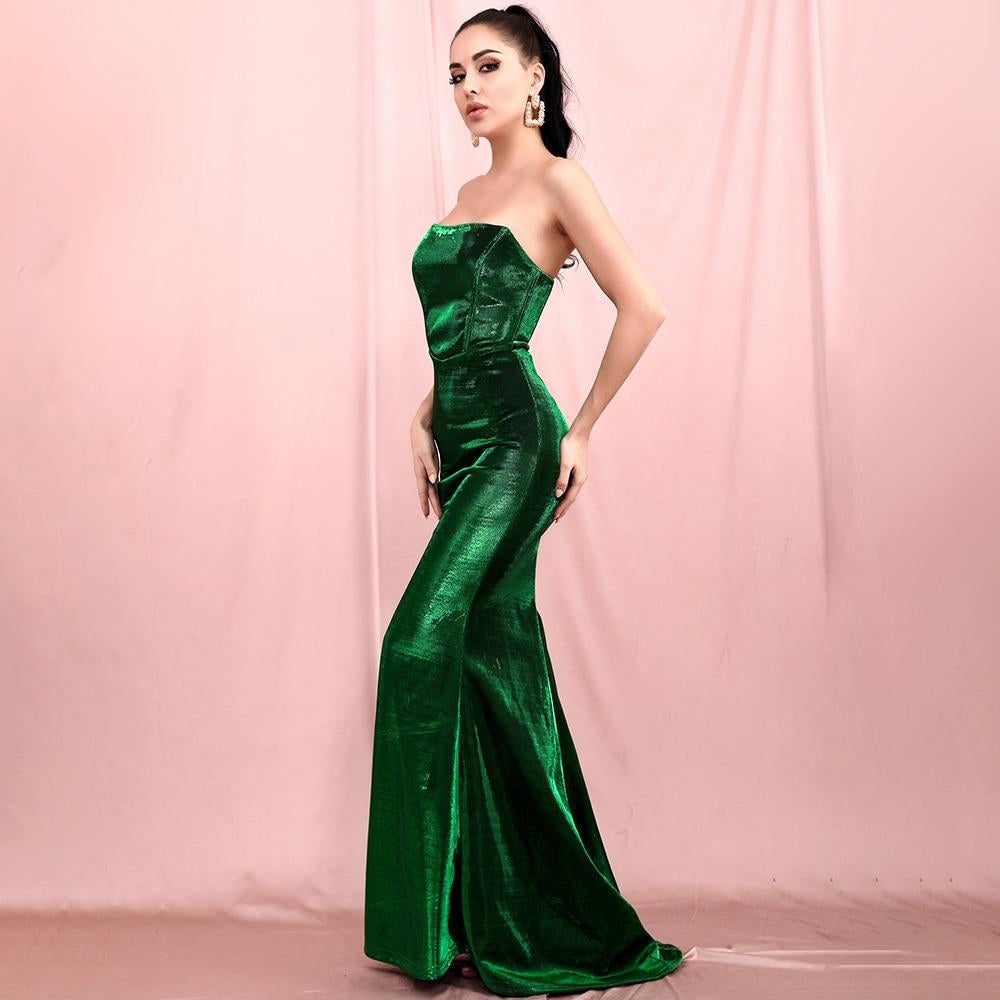 Sexy Emerald Green Tube Top Bodycon Reflective Material Party Tail Maxi Dress