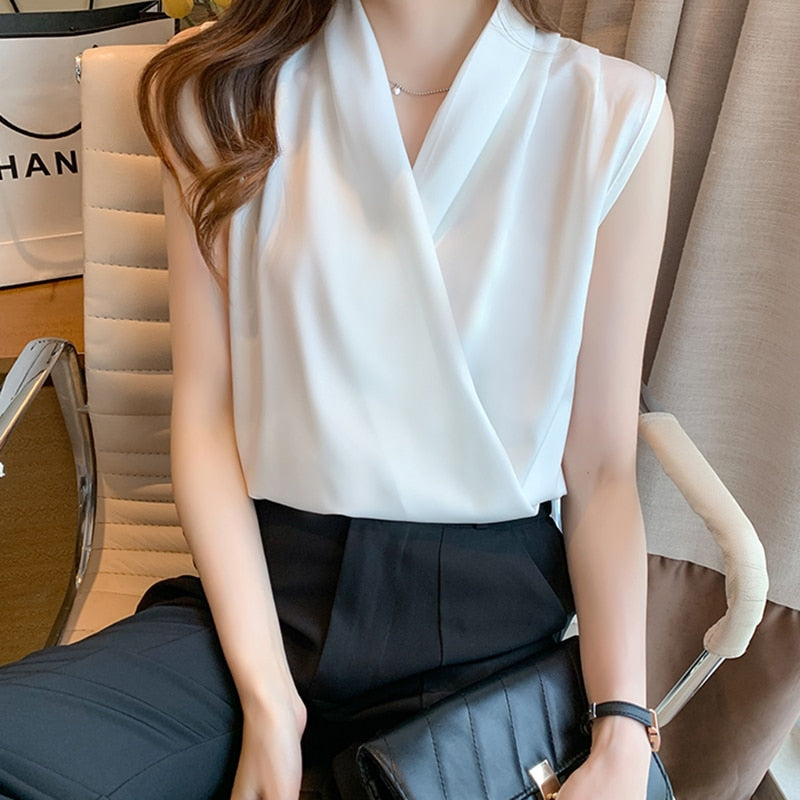Solid Color White Satin Blouse Office Shirt