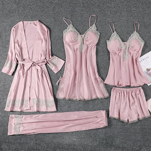 Ladies Sweet Lace Trim 5PCS Satin Pajamas Suit Sexy V-Neck Strap Night Dress Spring Autumn Bathrobe With Bra Sleepwear Homewear