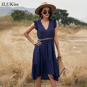 Summer Women Sleeveless Midi  Dress 2021 Fashion Hollow Out Ruffle Pink Green V Neck Lace Woman Dresses Elegant Casual Clothes