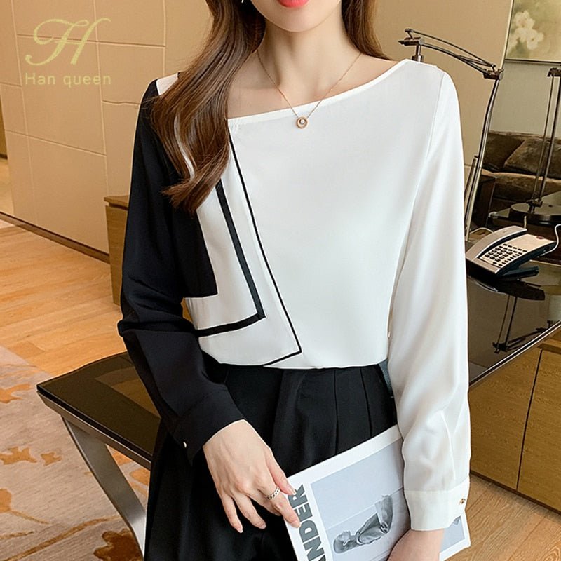 H Han Queen New Vintage Print Office Lady Blouse Female Shirt Color Matching Tops Long Sleeve Casual Korean Women Loose Blouses