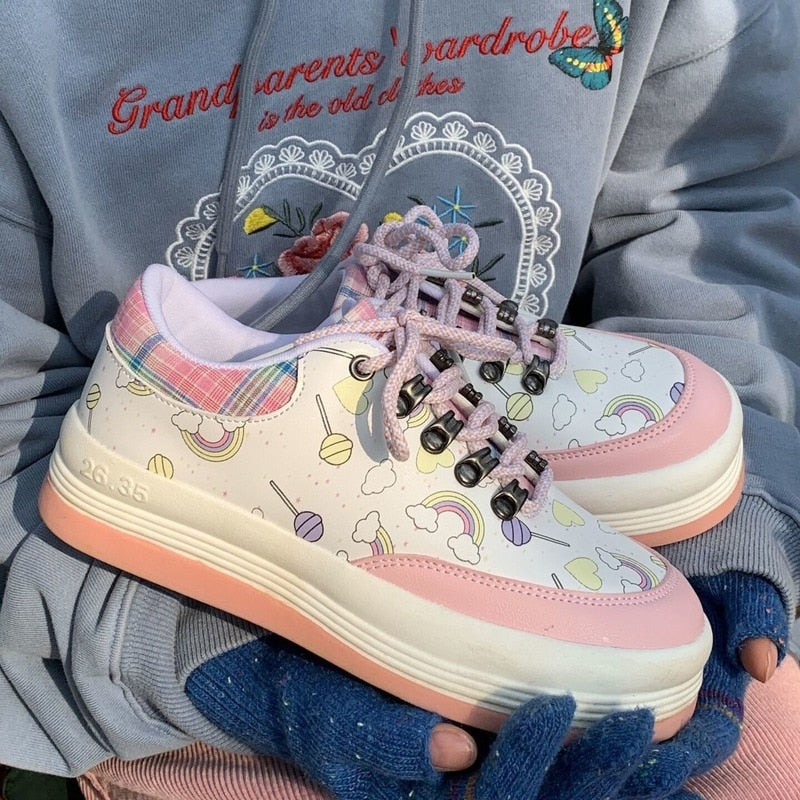 HOUZHOU Lolita Shoes Women's Sneakers Platform Kawaii Tennis Girly