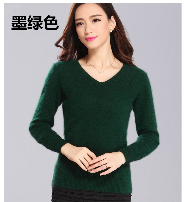 Super Warm Fluffy Mink Cashmere Soft Fur V-neck Sweaters and Pullovers for Women Autumn Winter Jumper Female Brand Jumper